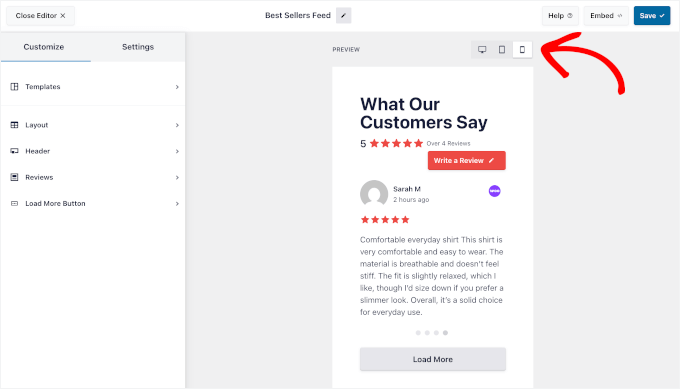 Previewing WooCommerce reviews feed for different devices