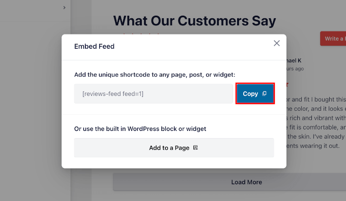 Copying the shortcode in the Embed popup