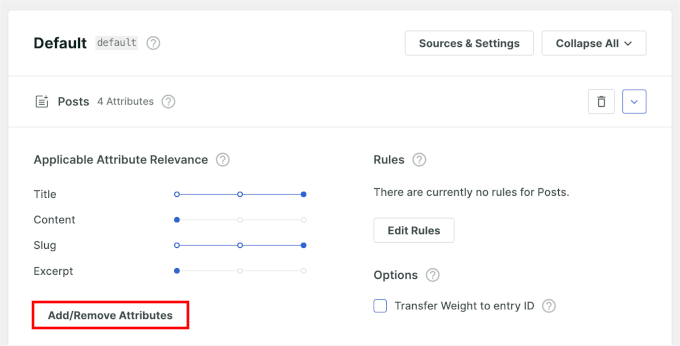The Add/Remove Attributes button in SearchWP