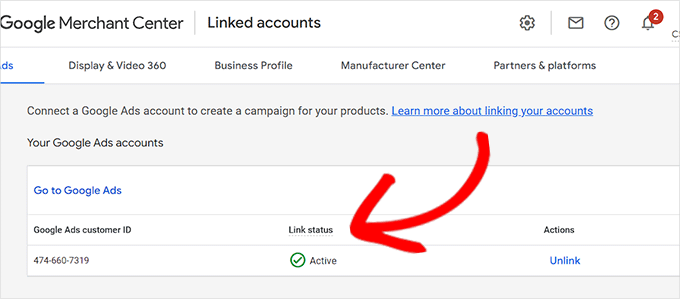linked-google-ads-account GMC account has now been linked to the Google Ads account