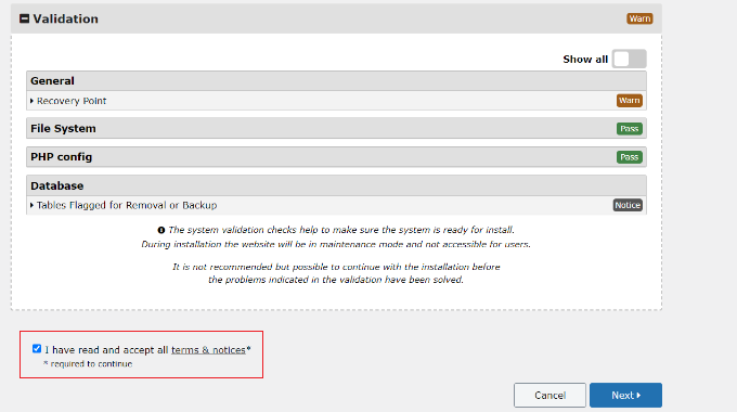 Check validation settings and accept terms Check validation settings and accept terms