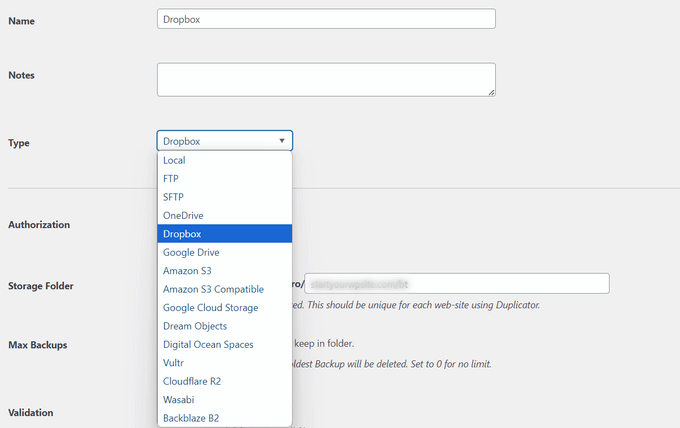 Select Dropbox as type Select Dropbox as type
