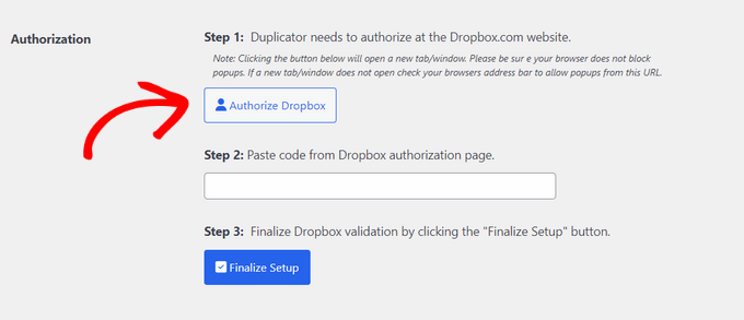 Authorize Dropbox to connect to Duplicator Authorize Dropbox to connect to Duplicator
