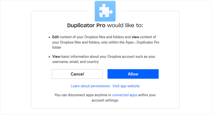 Allow access to Dropbox account Allow access to Dropbox account