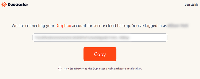 Copy the Dropbox auth code Copy the Dropbox auth code