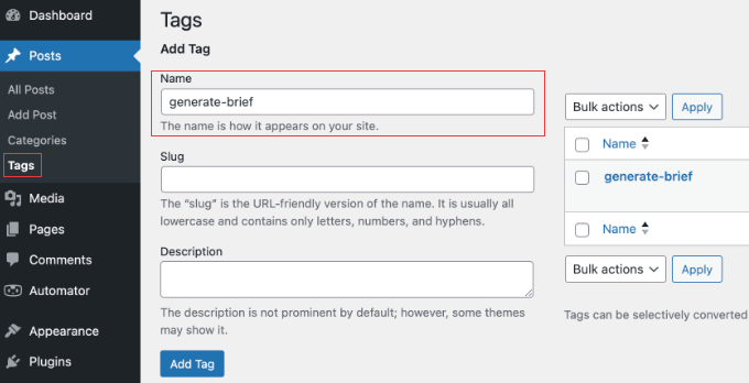 Creating a New Tag in WordPress Creating a New Tag in WordPress