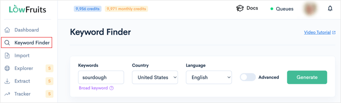 Enter seed keyword in LowFruits' Keyword Finder tool Enter seed keyword in LowFruits' Keyword Finder tool