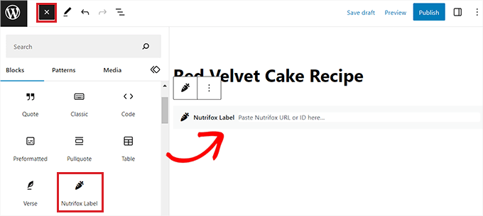 Add the Nutrifox Label block and paste the label ID Add the Nutrifox Label block and paste the label ID