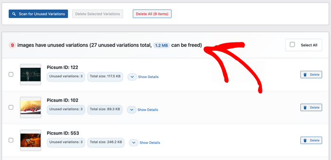 WP Media Cleanup scan results