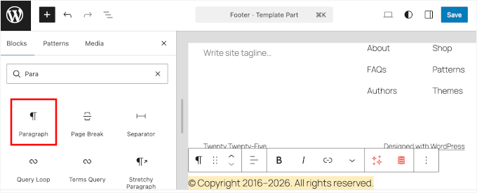 Adding a Copyright text in FSE Adding a Copyright text in FSE