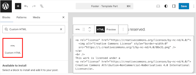 Adding Creative Commons HTML snippet in FSE Adding Creative Commons HTML snippet in FSE