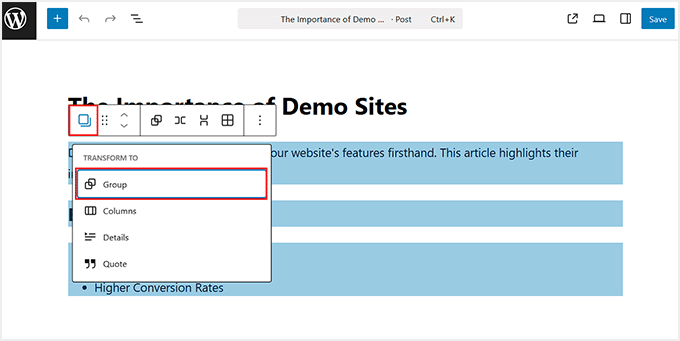 Choose existing blocks to convert them into nested block Choose existing blocks to convert them into nested block