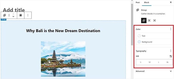 Click the Group block outline to open its settings Click the Group block outline to open its settings