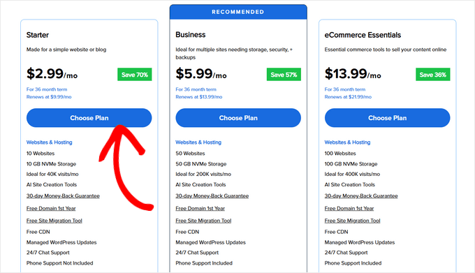 Choose Bluehost pricing plan