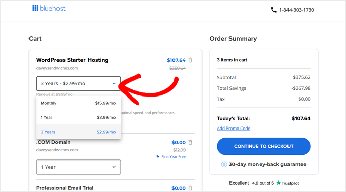 Select Bluehost plan duration