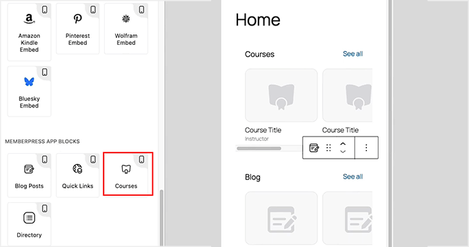 Add the Courses block in MemberPress AppKit