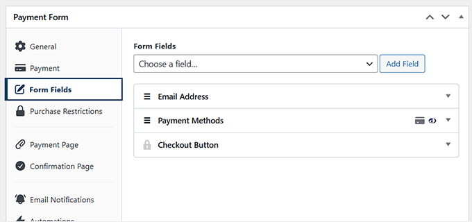 Configure form fields for payment form