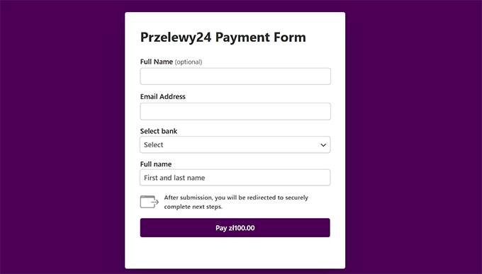 Preview of Przelewy24 payment page in WP Simple Pay