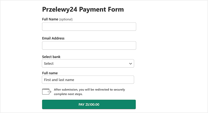Preview of Przelewy24 payment form in WP Simple Pay