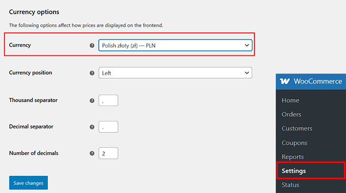 Select PLN as currency in WooCommerce