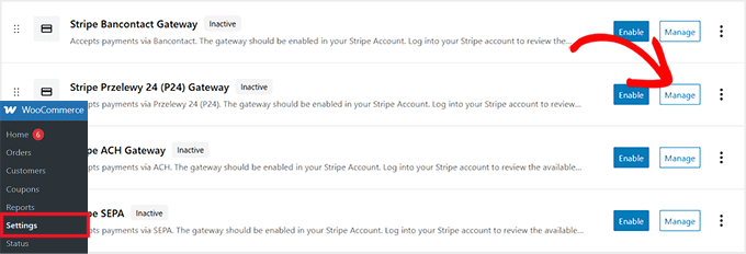 Click Manage for Stripe Przelewy24 payments in WooCommerce
