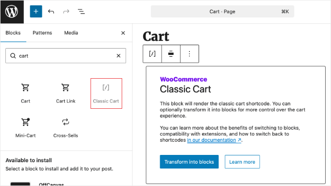 Adding the Classic Cart Block in WooCommerce Adding the Classic Cart Block in WooCommerce
