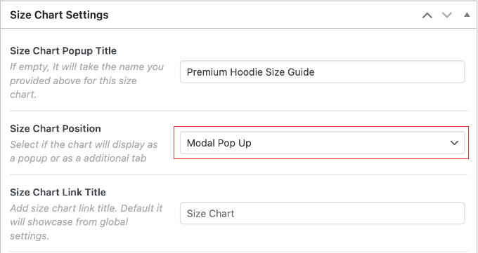 Selecting the Popup Option in Advanced Product Size Charts Pro