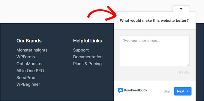 UserFeedback popup survey example UserFeedback popup survey example