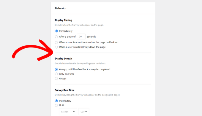 UserFeedback survey behavior settings UserFeedback survey behavior settings