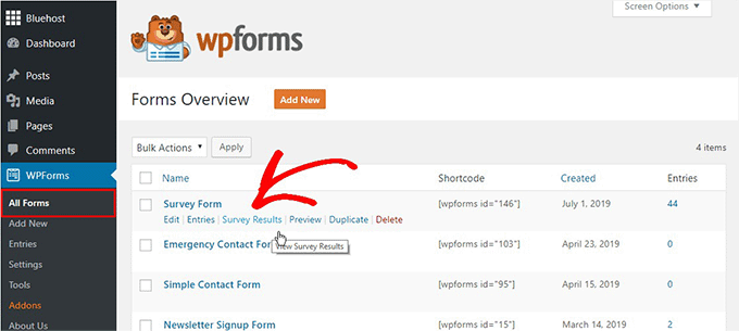 Click Survey Results link in WPForms Click Survey Results link in WPForms