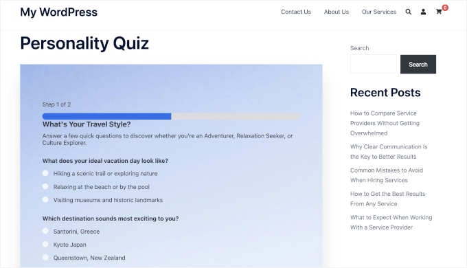 Personality quiz on a live site Personality quiz on a live site