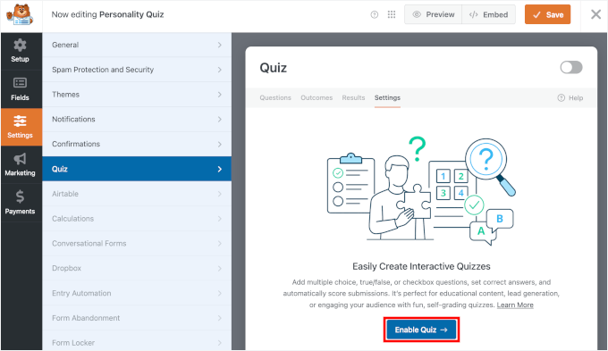 Enabling Quiz in WPForms Enabling Quiz in WPForms
