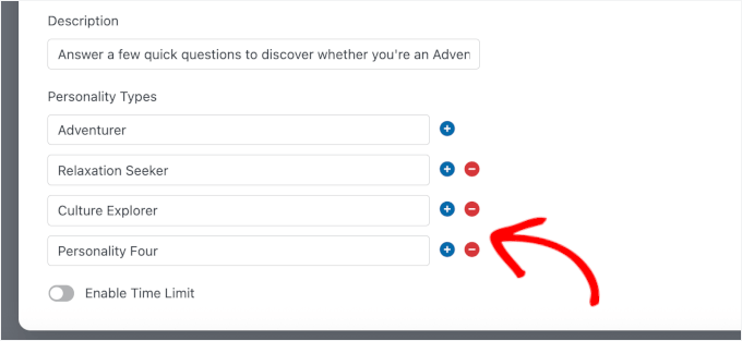 The buttons to add and remove personality types The buttons to add and remove personality types