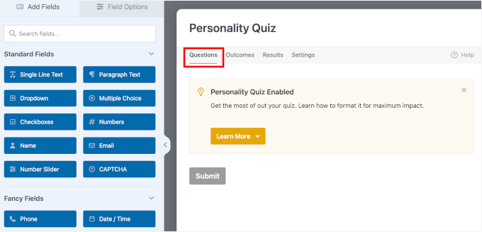 Switching to the Questions tab Switching to the Questions tab