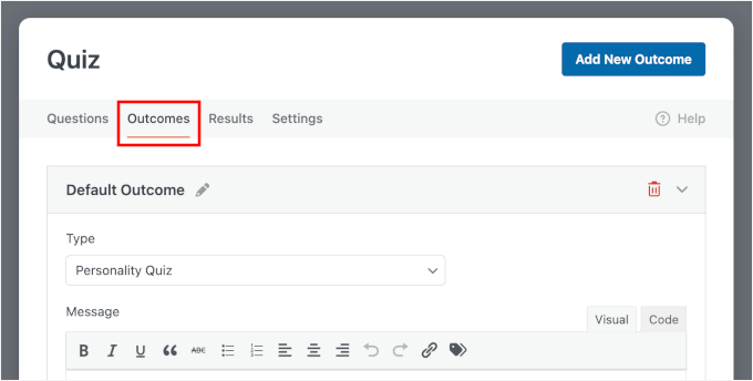Switching to the Outcomes tab Switching to the Outcomes tab