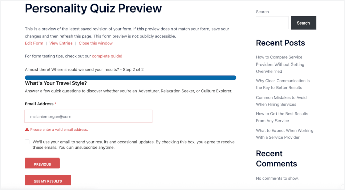 Testing validation while previewing quiz Testing validation while previewing quiz
