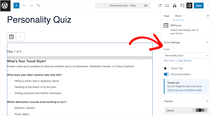 Form settings inside the block editor Form settings inside the block editor