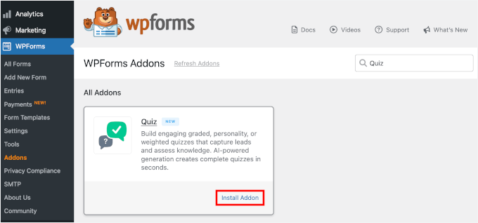 Installing the Quiz addon in WPForms Installing the Quiz addon in WPForms