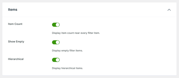 Configuring the Items settings