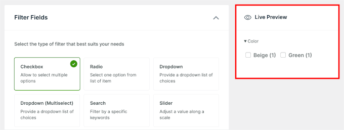 Color filter live preview inside WPFilters' builder