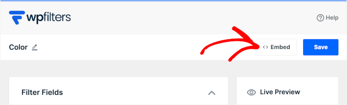 The embed button inside the WPFilters element builder