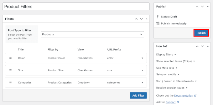 The Publish button in Filter Everything