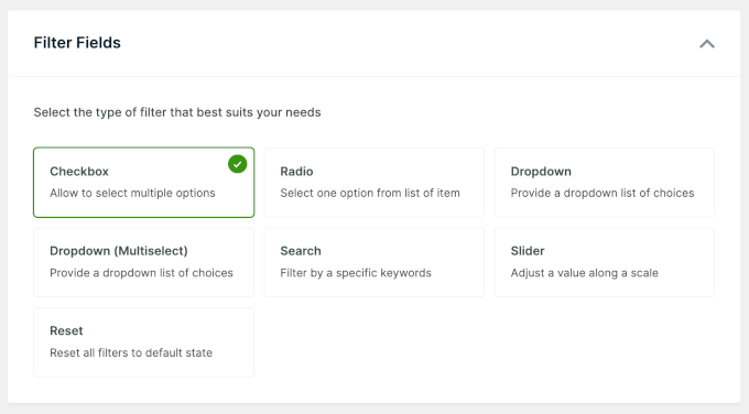 Choosing the product filter field in WPFilters