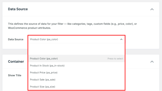 Choosing the data source for the WPFilters element
