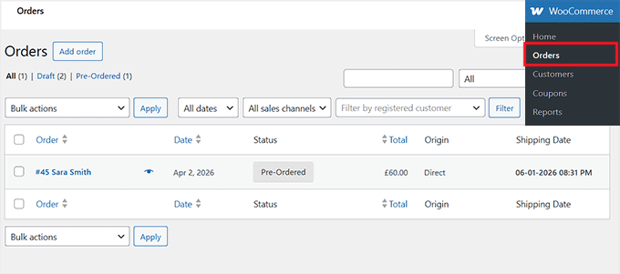 View pre-orders in WooCommerce orders page