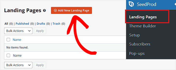 Click the Add New Landing Page button Click the Add New Landing Page button