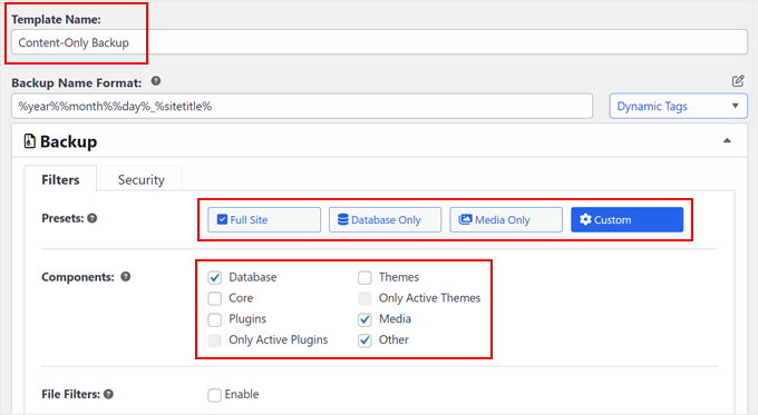 Configuring the custom Duplicator backup template