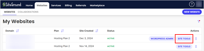 Opening a website's Site Tools settings in SiteGround