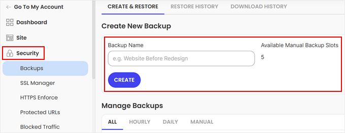 Creating a manual backup in SiteGround