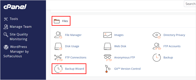 Opening cPanel's backup wizard